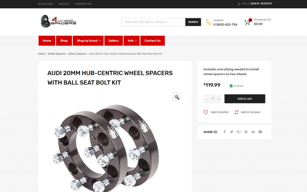 4wheelspacers website product page by progressive web solutions