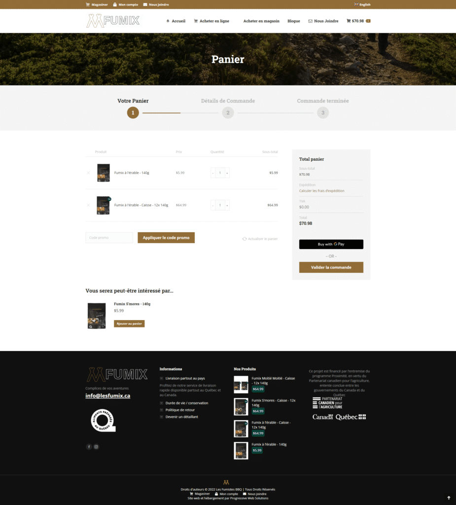 Fumix cart page woocommerce website val david quebec progressive web solutions