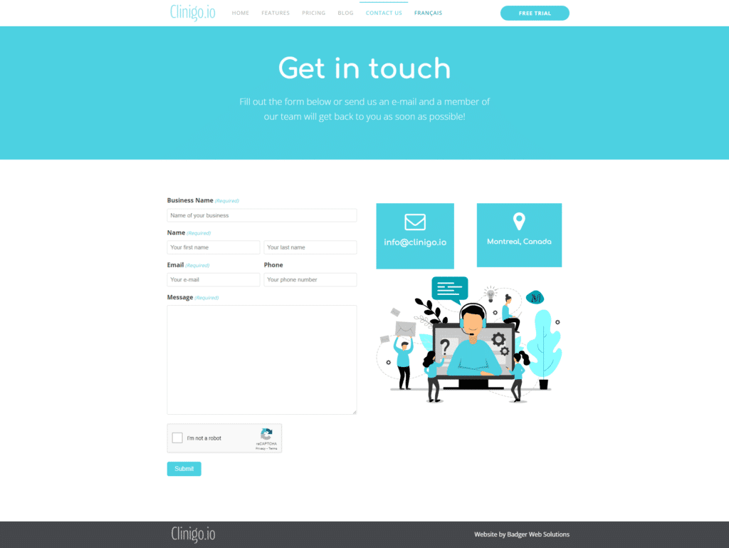 Clinigo saas wordpress website contact us page progressive web solutions montreal
