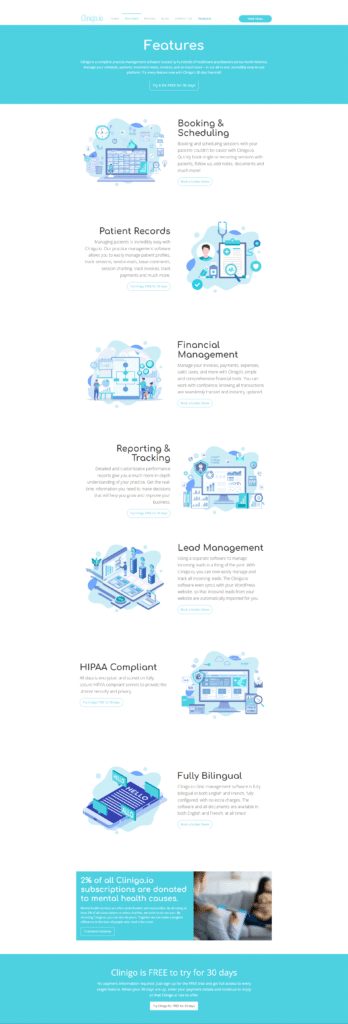 Clinigo saas wordpress website features page progressive web solutions montreal