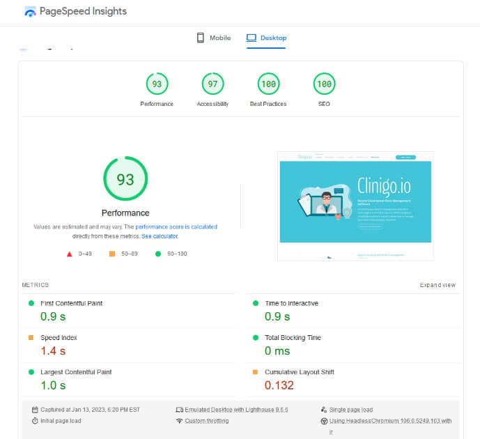 clinigo speed optimized wordpress website google page speed insights